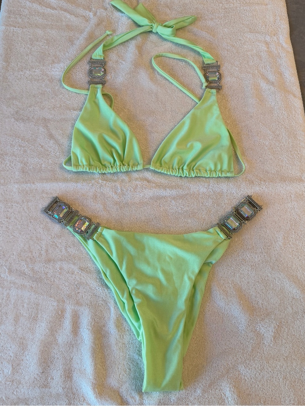 Neon Lime Jewel-Embellished Bikini Set